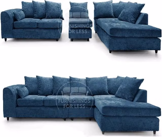 Furnishings For Less UK Monaco Blue Chenille Fabric Large 5 Seater L Shaped Corner Sofa, Right Hand Facing – 1