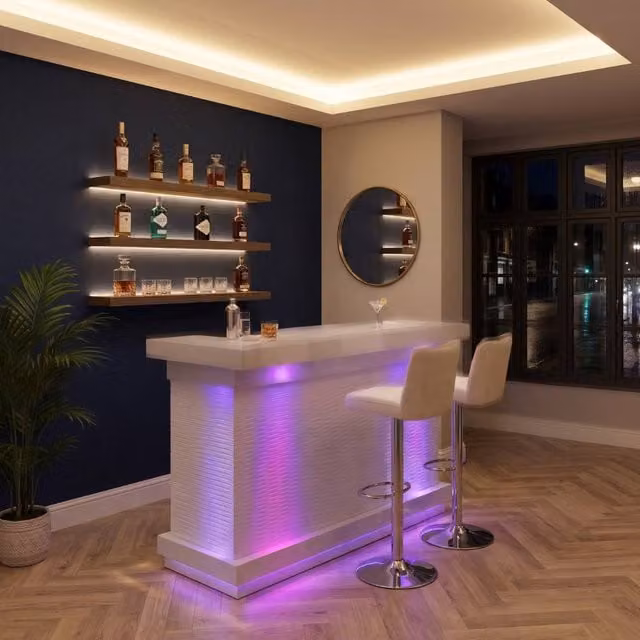 Home Luxe Aura White Glossy Drinks Bar with LED Lights and Bluetooth Speakers – 1