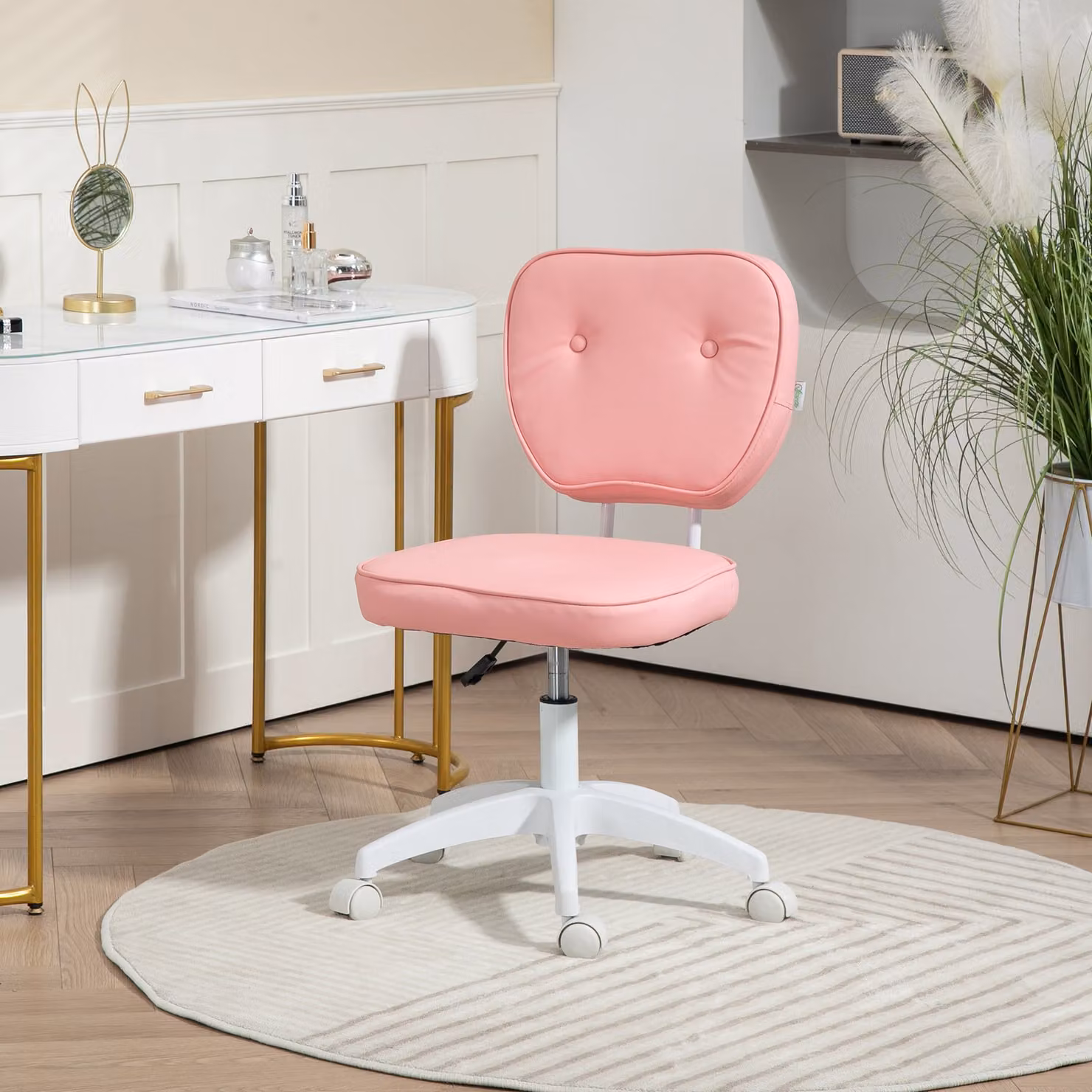 Vinsetto Vanity Office Chair in Pink PU Leather with Adjustable Height, Armless Swivel Design and Castors – 2