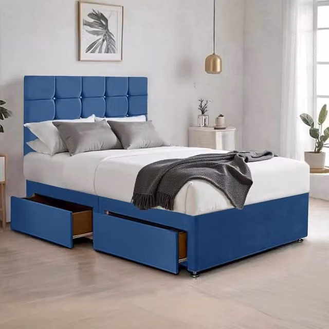 Bed Time UK Plush Blue Velvet Divan Bed with 2 Drawers, 20" Cubic Headboard and Hybrid Mattress, W/D/H: 140 x 200 cm – 1
