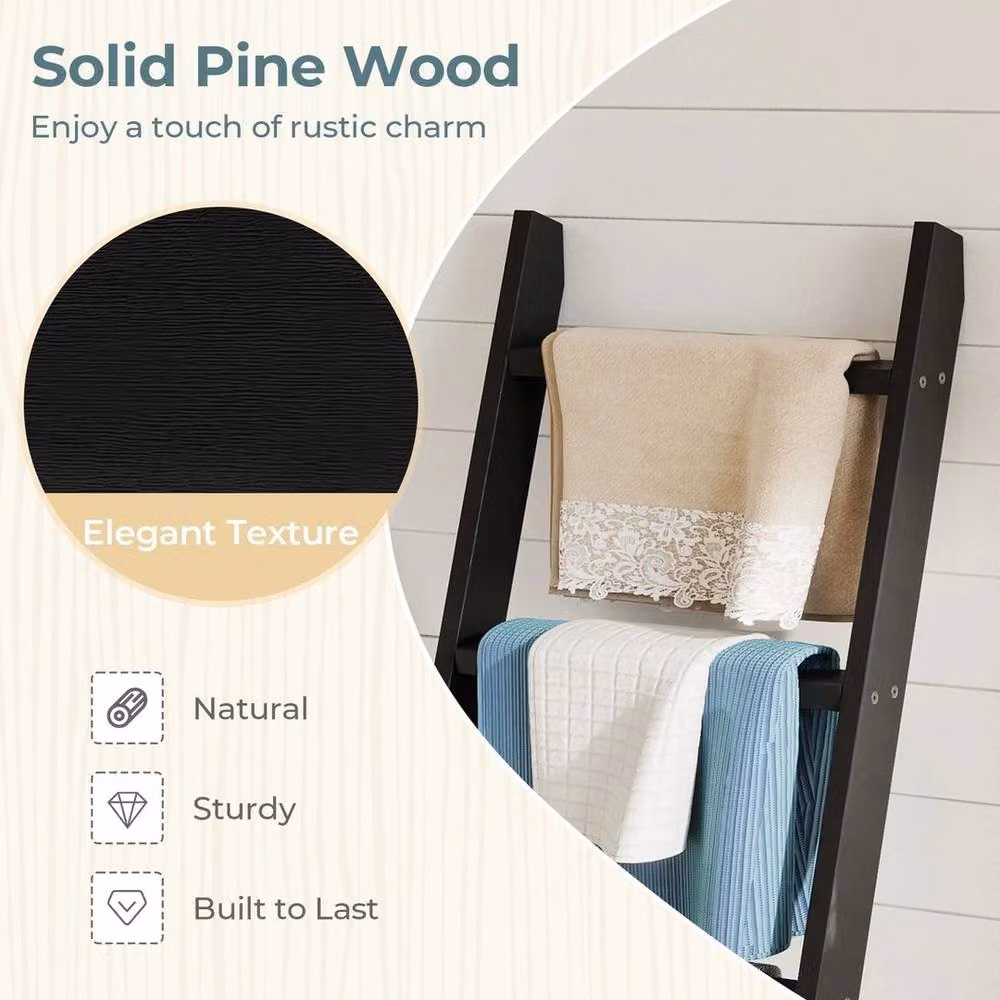 FLAVORA 4-Tier Rustic Black Wooden Blanket Ladder Rack – 2