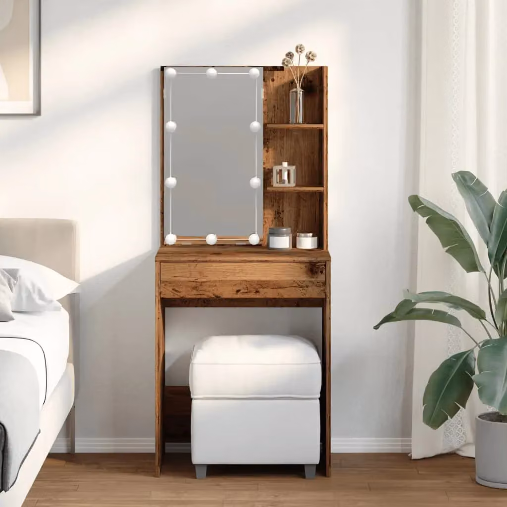 Berkfield Home Modern Dressing Table with LED Hollywood Mirror in Brown, W/D/H: 60 x 40 x 140 cm – 3