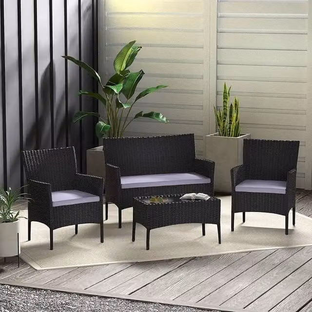 EONLION Black 4-Piece Rattan Outdoor Garden Furniture Sofa Set with Coffee Table and Cushions