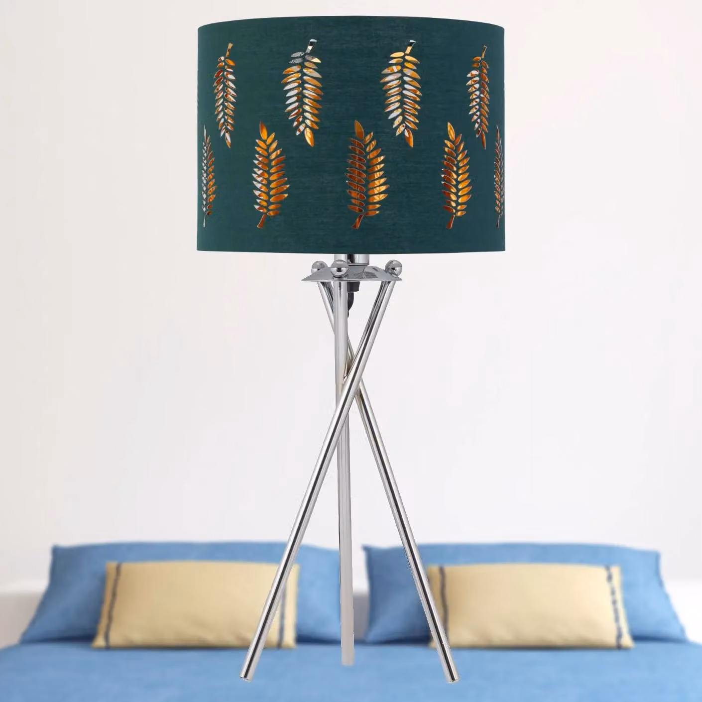 First Choice Lighting Chrome Tripod Table Lamp with Green Fabric Cylinder Shade – 4