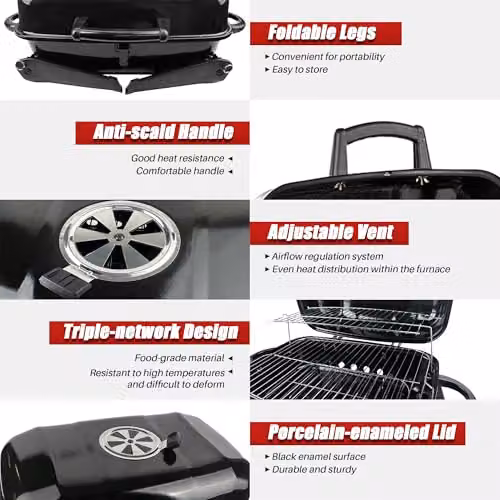 Alivio Portable Charcoal BBQ Grill with Lid, Compact Folding Tabletop Barbecue in Black – 4