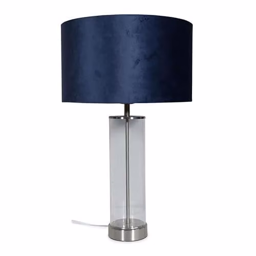 ValueLights Balan Glass and Brushed Chrome Table Lamp with Navy Blue Fabric Drum Shade and LED Bulb – 1