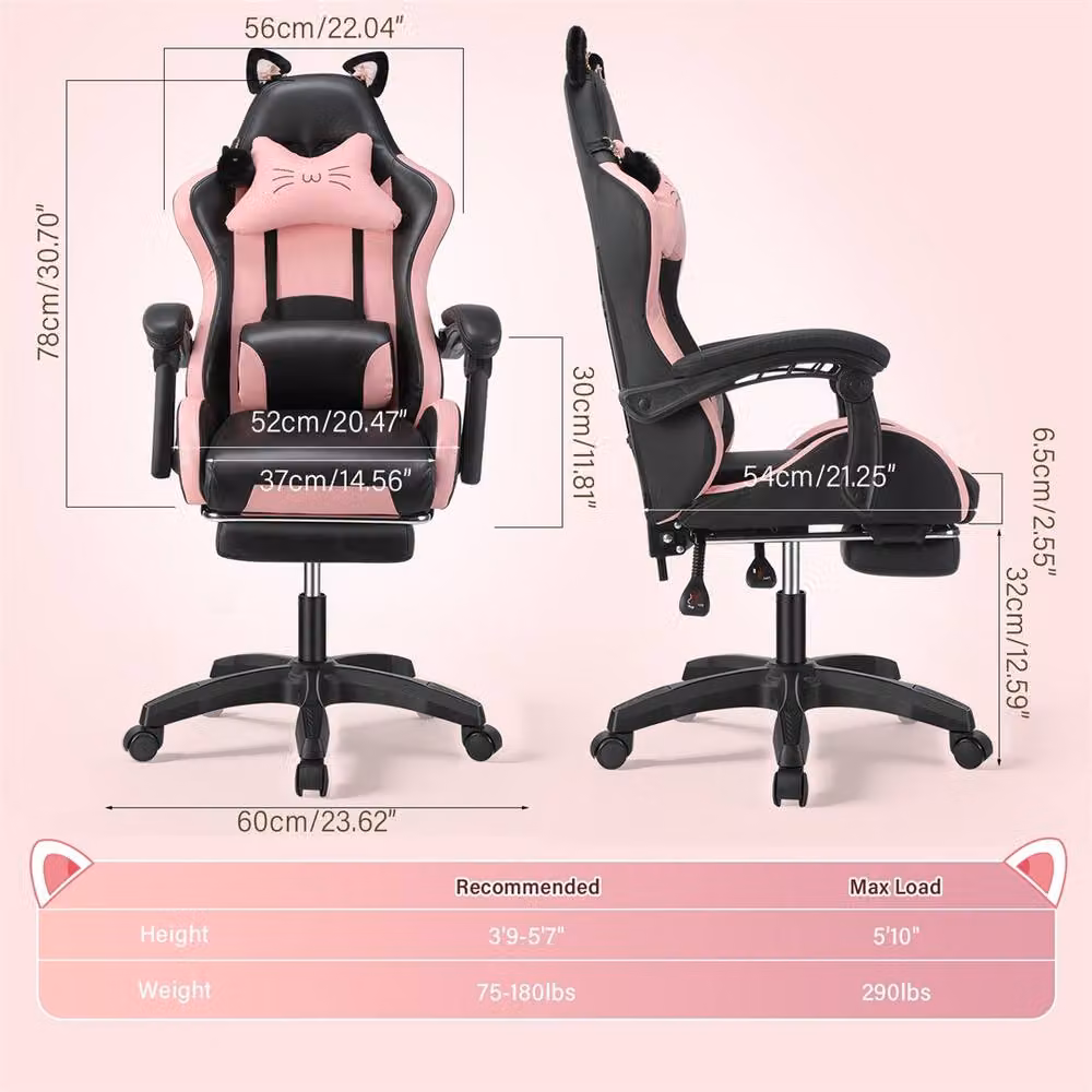 NESTLUNE Pink and Black Gaming Chair with Cat Ears, Height Adjustable Synthetic Leather Chair with Headrest and Armrests, W/D/H: 100 x 100 x 100 cm – 1
