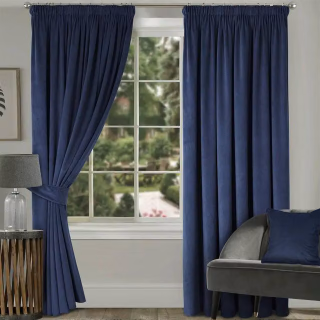 Luxury Living Montreal Navy Blue Velvet Thermal Insulating Taped Top Curtains, Width: 117 cm, Drop: 137 cm