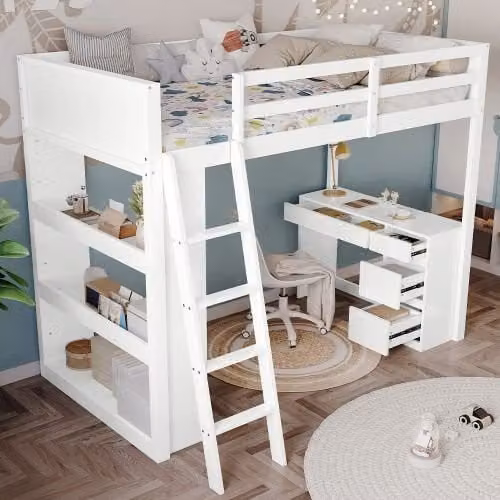 Matteo White Wooden Bunk Bed with 4-Step Ladder, Desk with 4 Drawers and Under-Bed Shelving, Size: 140 x 200 cm – 1