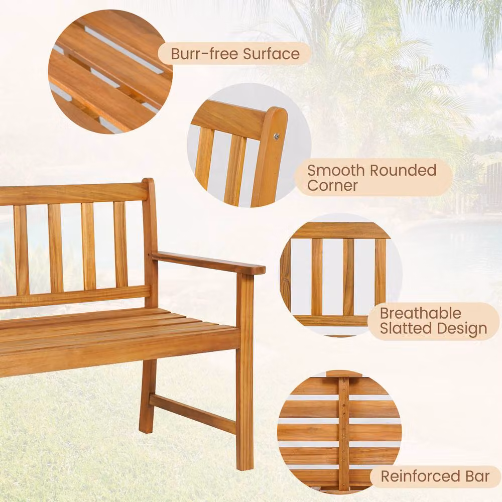 Costway 2-Person Outdoor Acacia Wood Garden Bench with Armrests in Natural Brown – 3