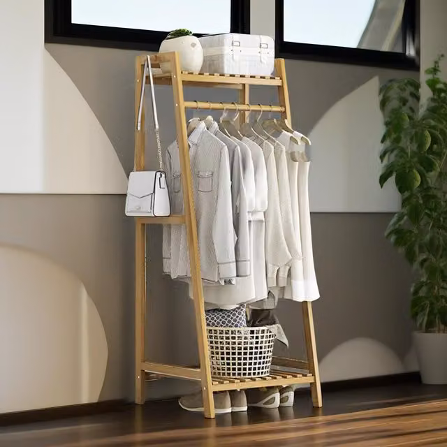 Pirlo Plush Bamboo Clothing Rail with Shelves in Brown, Height: 140 cm – 1