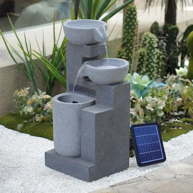 Livingandhome Solar-Powered Organic Rock Vessel Cascade Water Feature in Grey