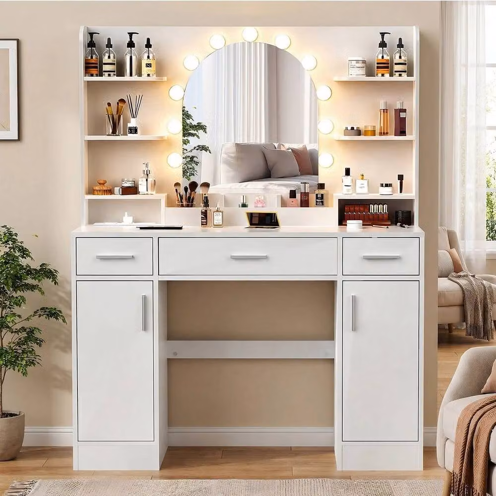 PAWNORA Large White Makeup Vanity Table with Hollywood LED Lighting, W/D/H: 140 x 110 x 7 cm – 3