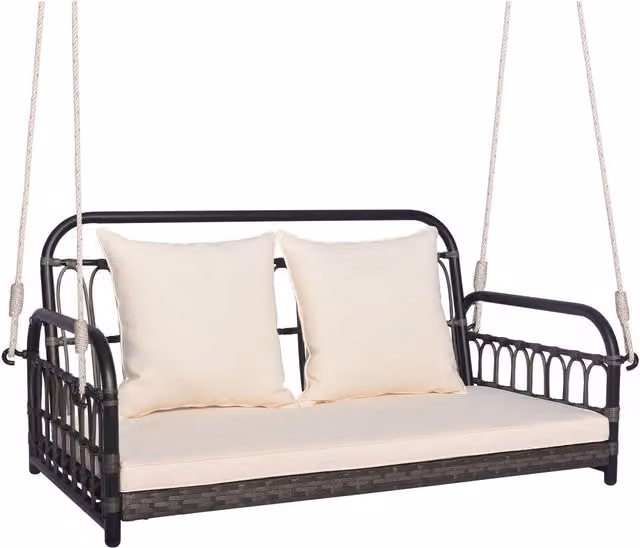 COSTWAY 2-Person Modern Grey Polyrattan Patio Wicker Swing Chair with Armrests and Cushions