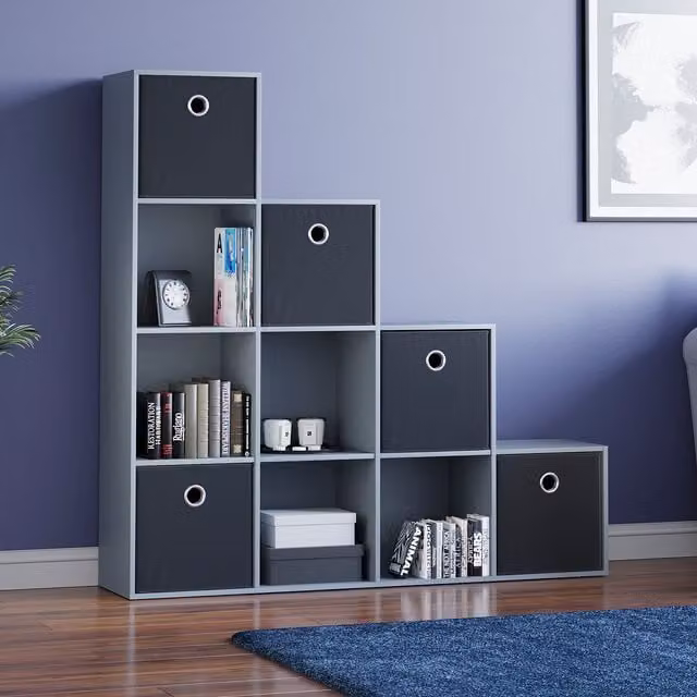 Vida Designs Durham 10 Cube Staircase Storage Unit in Grey with 5 Black Baskets