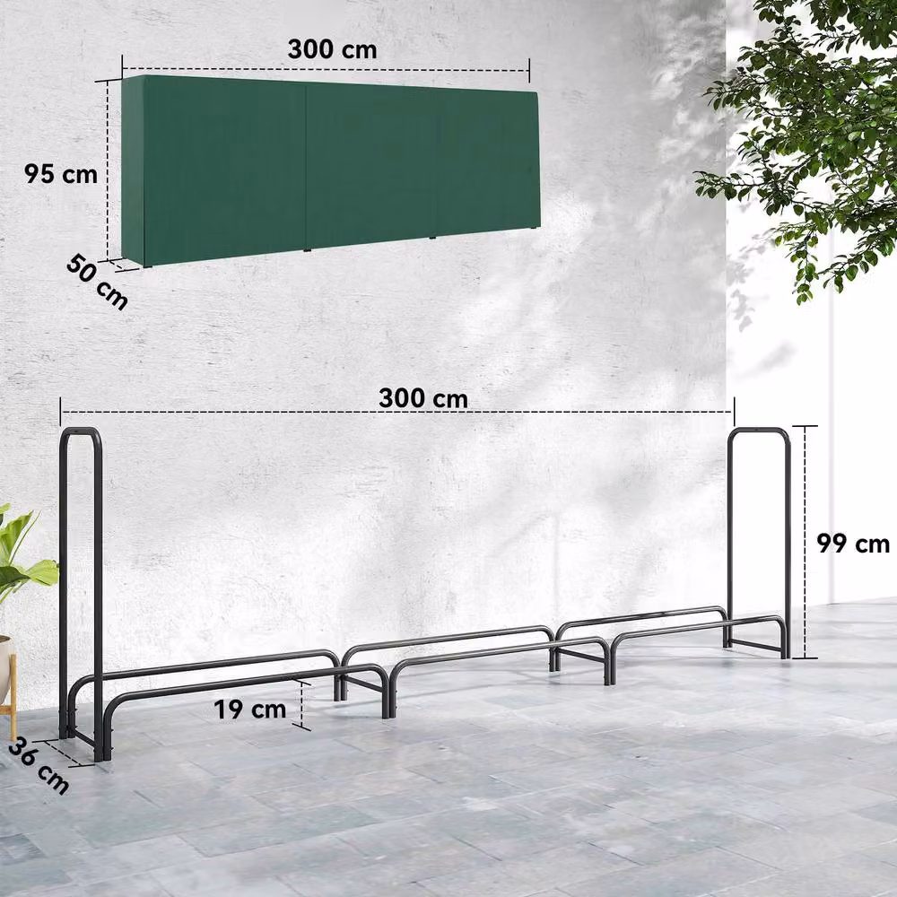 OUTSUNNY Metal Firewood Rack and Log Holder in Dark Green, W: 300 cm, D: 36 cm, H: 99 cm – 3