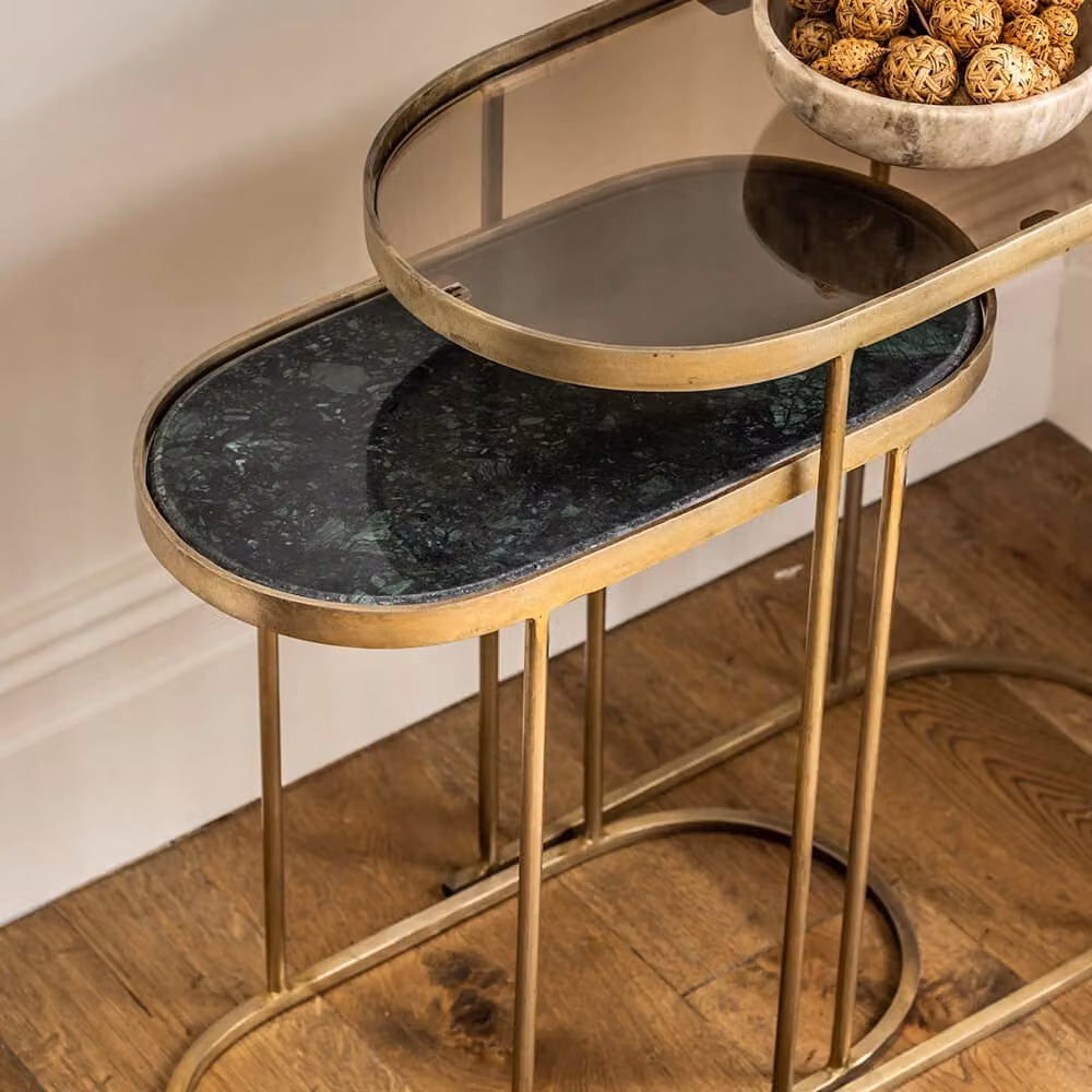 Atkin and Thyme Estrella Marble Nesting Tables with Green Marble Tops and Gold Sled Base