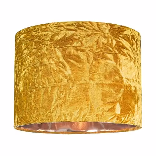 Happy Homewares Modern Mustard Yellow Crushed Velvet Circular Drum Lampshade with Copper Inner, Diameter: 25.4 cm – 1