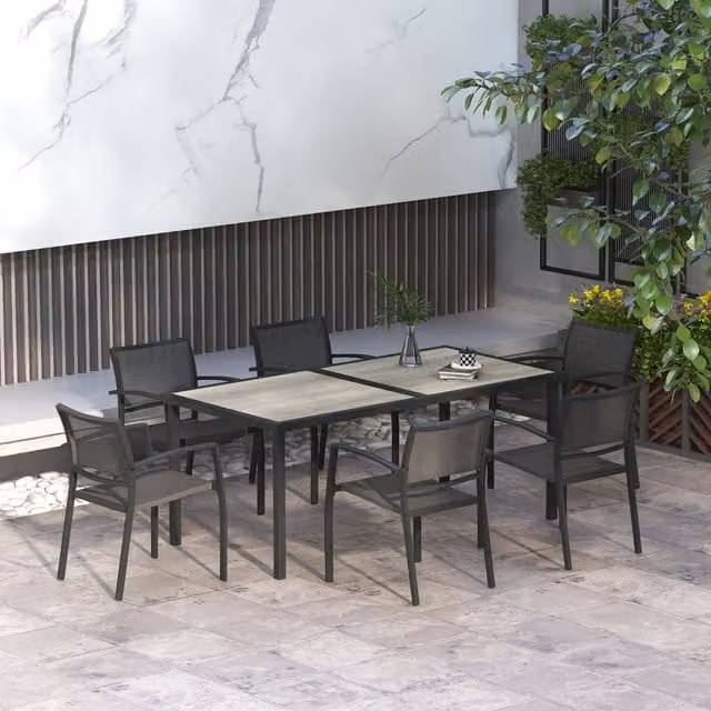 Outsunny Grey Rectangular Patio Dining Set with Table and Four Stackable Metal Chairs