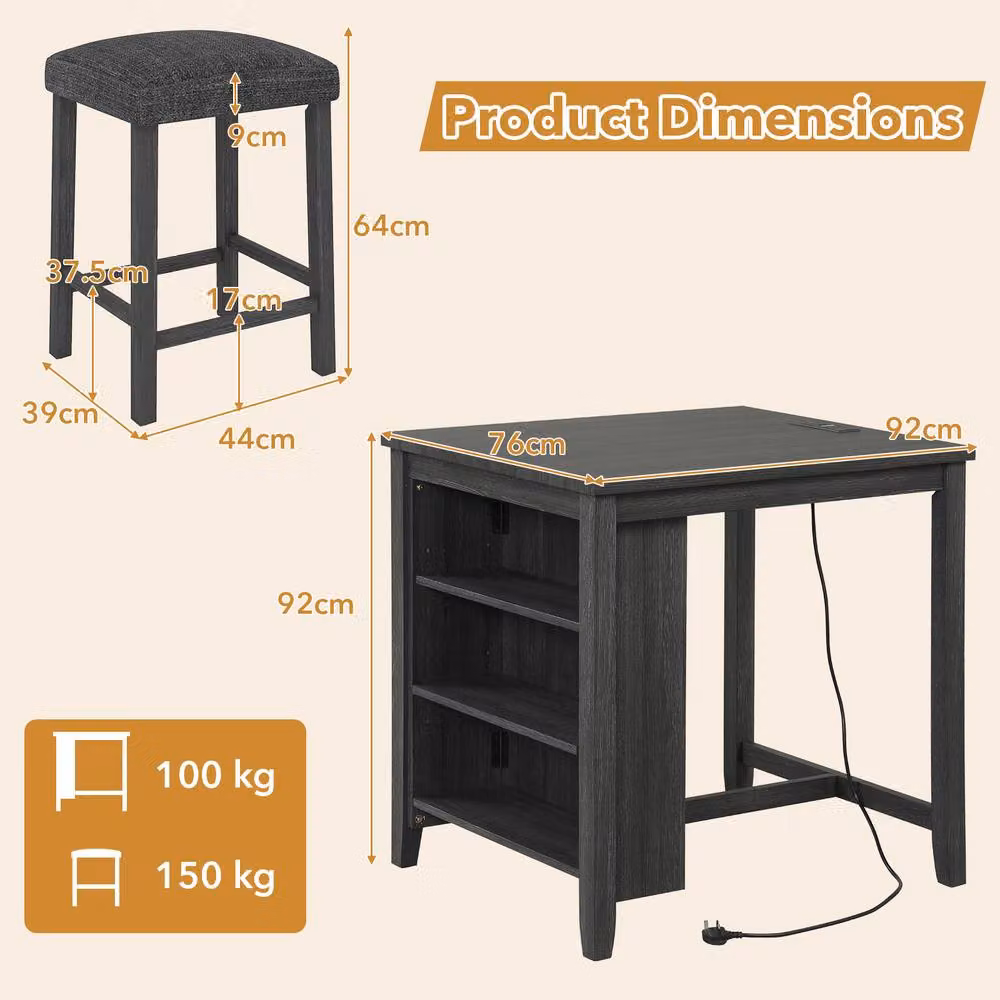 Costway 3-Piece Bar Table Set with 2 Stools and Power Outlet in Black – 2