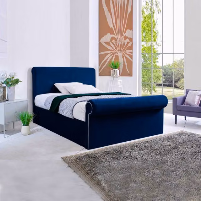 Desire Deco Super Sleigh Bed Frame in Blue Velvet, W/D/H: 140 x 200 cm