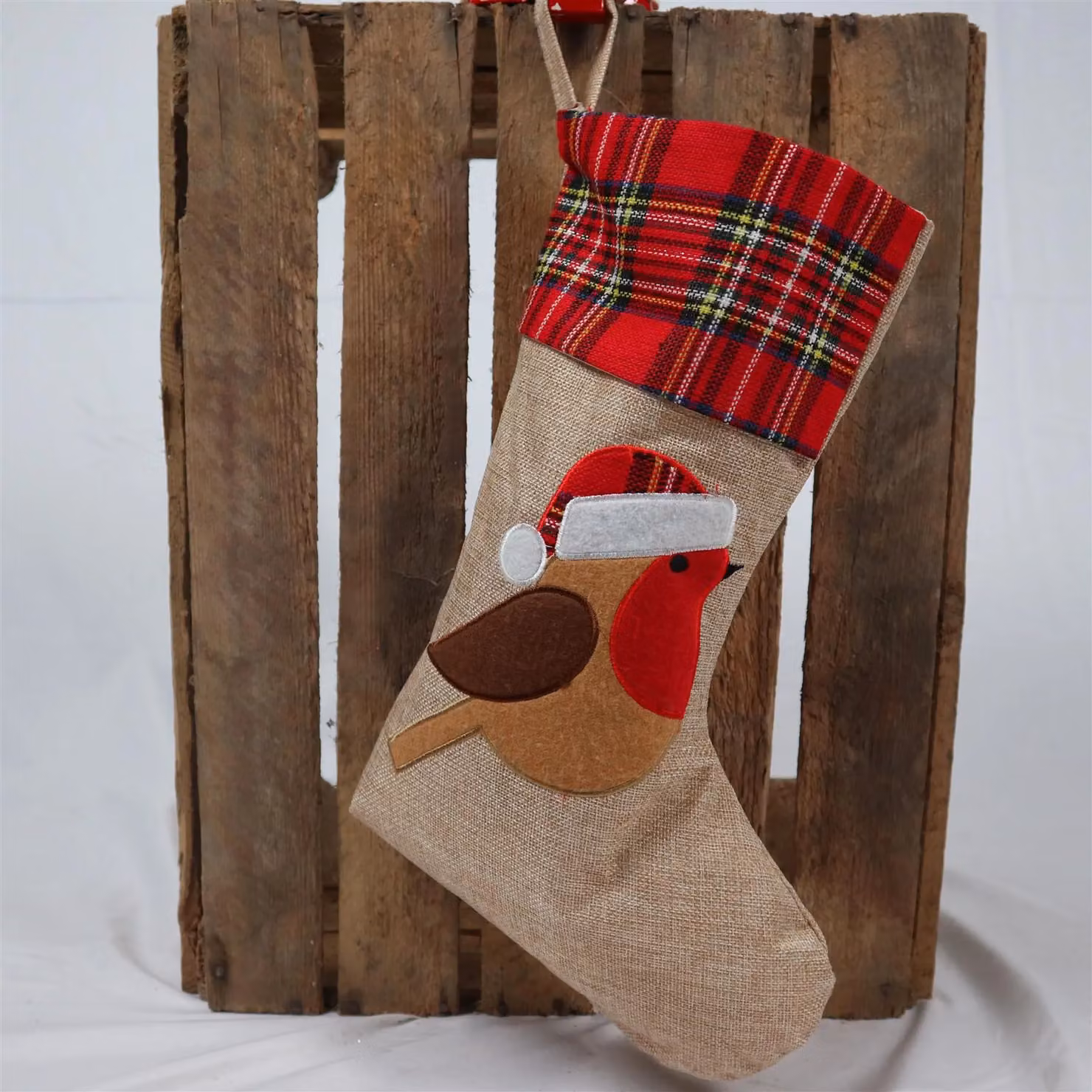 Shatchi Large Brown Robin Christmas Stocking with Classic Printed Design, 45 cm Hanging Burlap Linen Sack – 11
