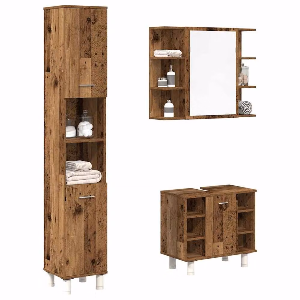 Berkfield Home 3 Piece Bathroom Furniture Set in Old Wood Brown, including Vanity Unit, Tall Cabinet and Mirror Cabinet – 2