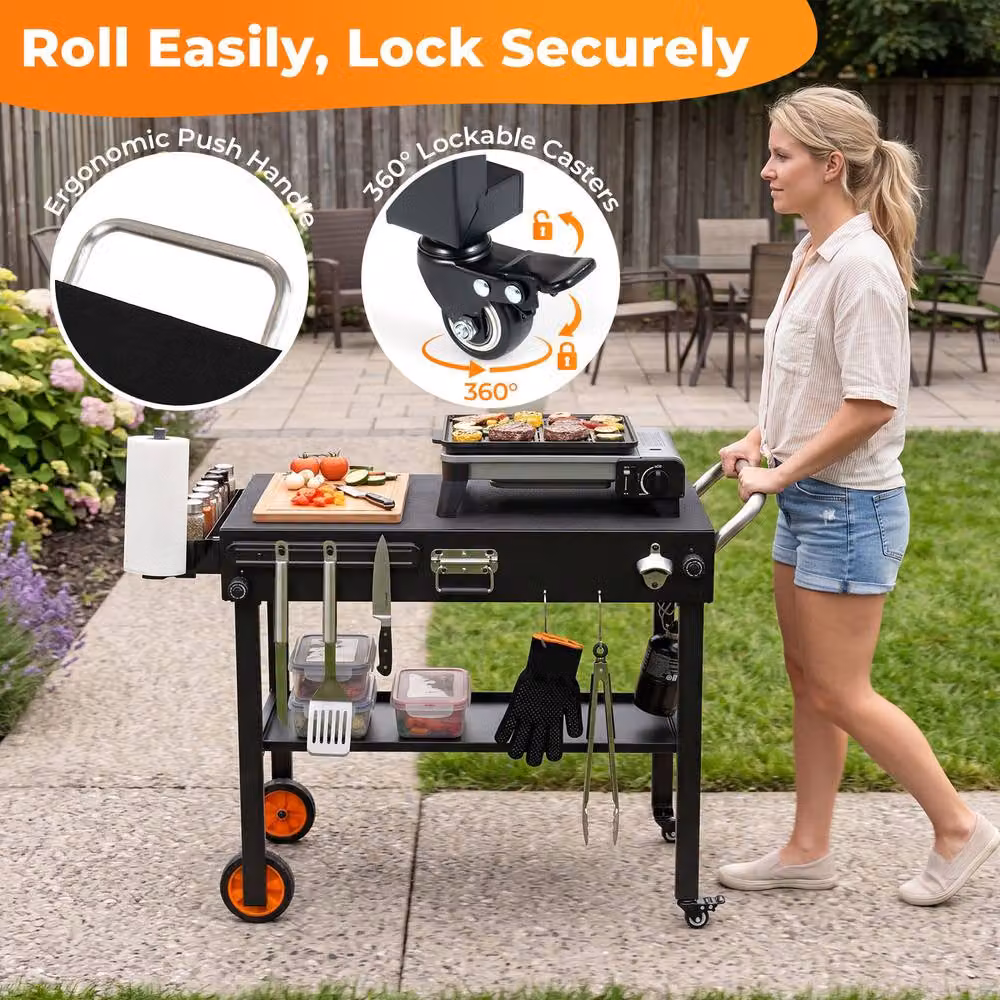 Costway Folding BBQ Prep Table Rolling Grill Cart with Heat-Resistant Mat in Black – 6