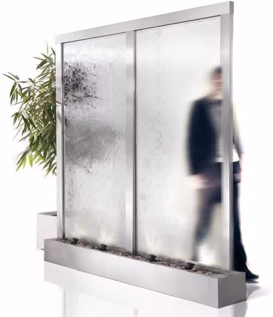 Primrose Colossus Stainless Steel and Glass Wall Cascade Water Feature, Silver, H: 229.0 cm x W: 198.0 cm x D: 29.0 cm