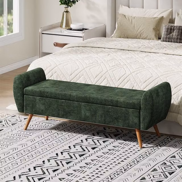 Livingandhome Mid-Century Green Fabric Upholstered Storage Bench