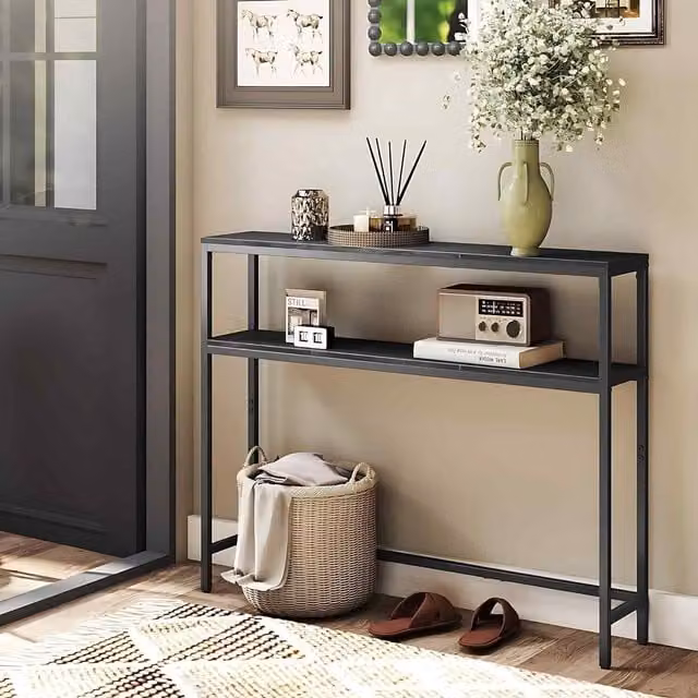 The Bazaarist Modern 2 Tier Console Table with Open Shelves in Anthracite Grey and Black