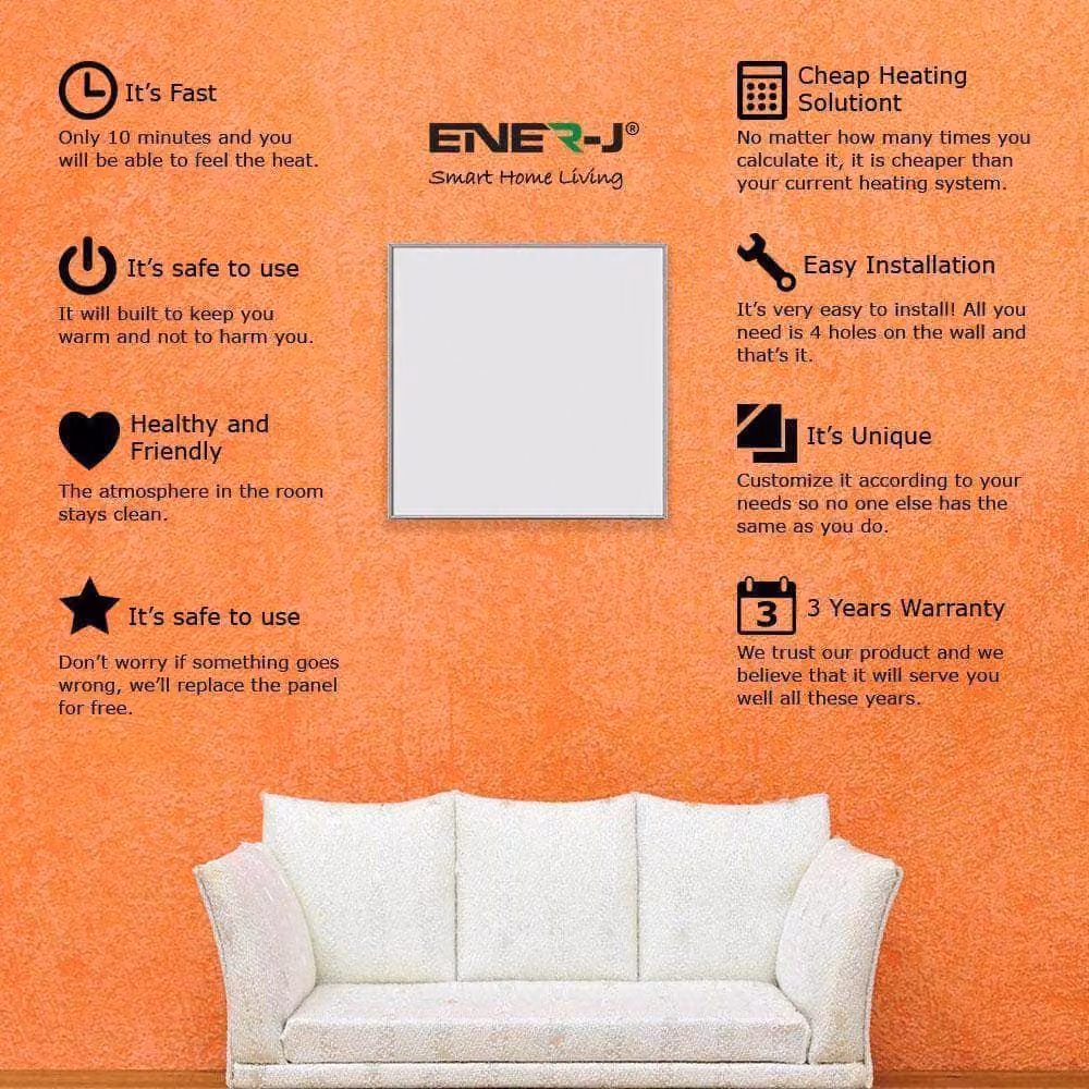 ENER-J 360W Infrared Glass Heater in White with WiFi Thermostat and App Control, W: 60.6 cm, H: 60 cm, D: 4.7 cm – 2