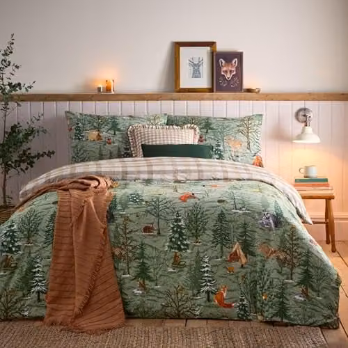Furn Lodge Wood Reversible Brushed Cotton Flannelette Duvet Cover Set, Green, W/H: 90 x 200 cm