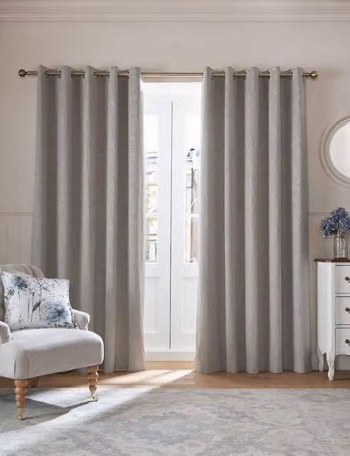 Laura Ashley Grey Velvet Floral Eyelet Curtains, Thermal Insulating, Height: 183 cm