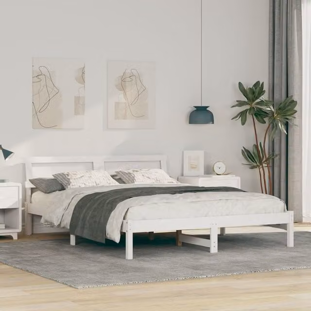 Berkfield Home Modern White Solid Pine Wood Bed with LED Strip Lights and Headboard W/D/H: 150 x 200 x 73 cm – 1
