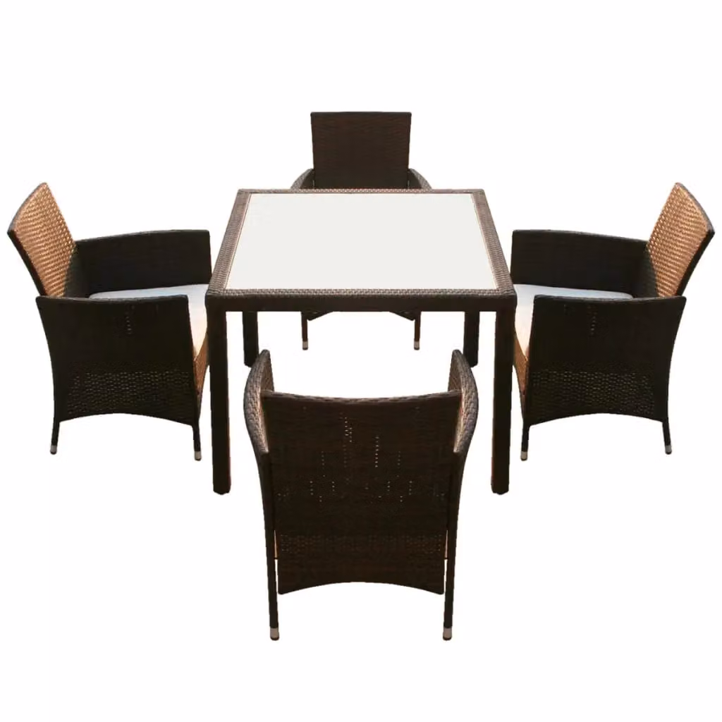 Berkfield Home 5 Piece Brown Poly Rattan Outdoor Dining Set with Glass Top and Cushions – 3