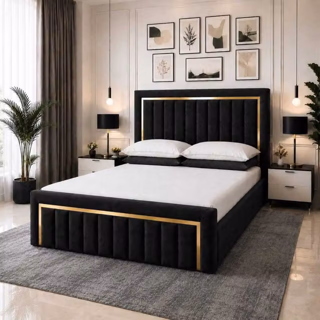 K Mehmood Enterprise Ltd Gold Strip Black Velvet Upholstered Ottoman Bed Frame