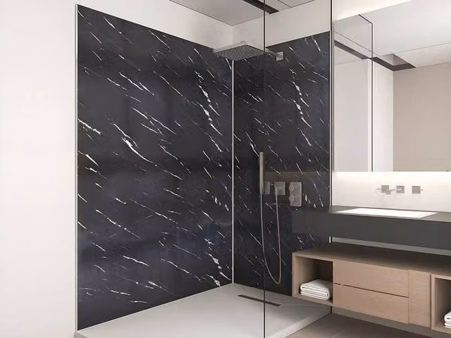 Vente-unique Set of 2 Aluminium Marble Effect Shower Panels with Profiles in Black, W: 90 cm, H: 120 cm – 1