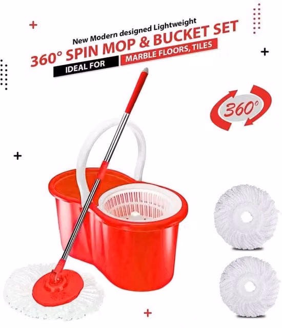 EONLION Red Floor Magic Spin Mop and Bucket Set with Wringer and Microfibre Refillable Head