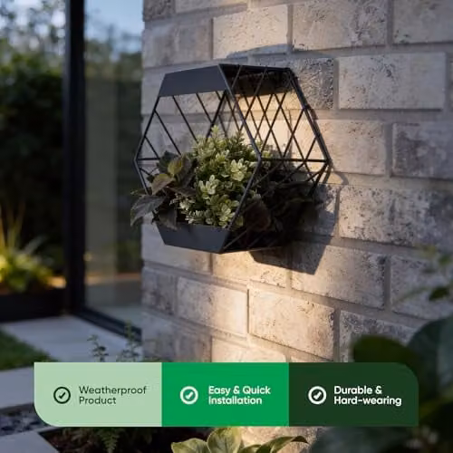 Gardenwize Black Metal Hexagon Solar Wall Planter with Warm White LED, W/D/H: 29.0 x 24.5 x 24.5 cm – 3