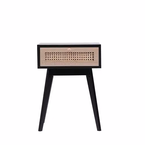 SPOT ON DEALZ Black Rattan Bedside Table with Drawer and MDF Wood Frame, W/D/H: 30 x 40 x 50 cm