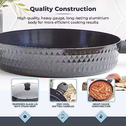 Tower Diamo Aluminium Shallow Casserole Dish with Black Diamond Ceramic Non-Stick Coating and Tempered Glass Lid, Black, Diameter: 30 cm – 5