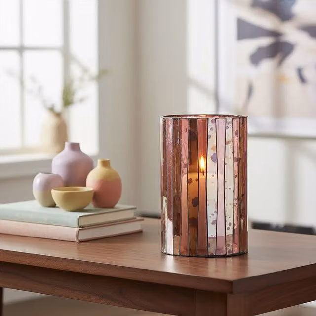 Orsina Pink Antique Finish Abstract Glass Tabletop Candle Holder for Taper or Pillar Candles