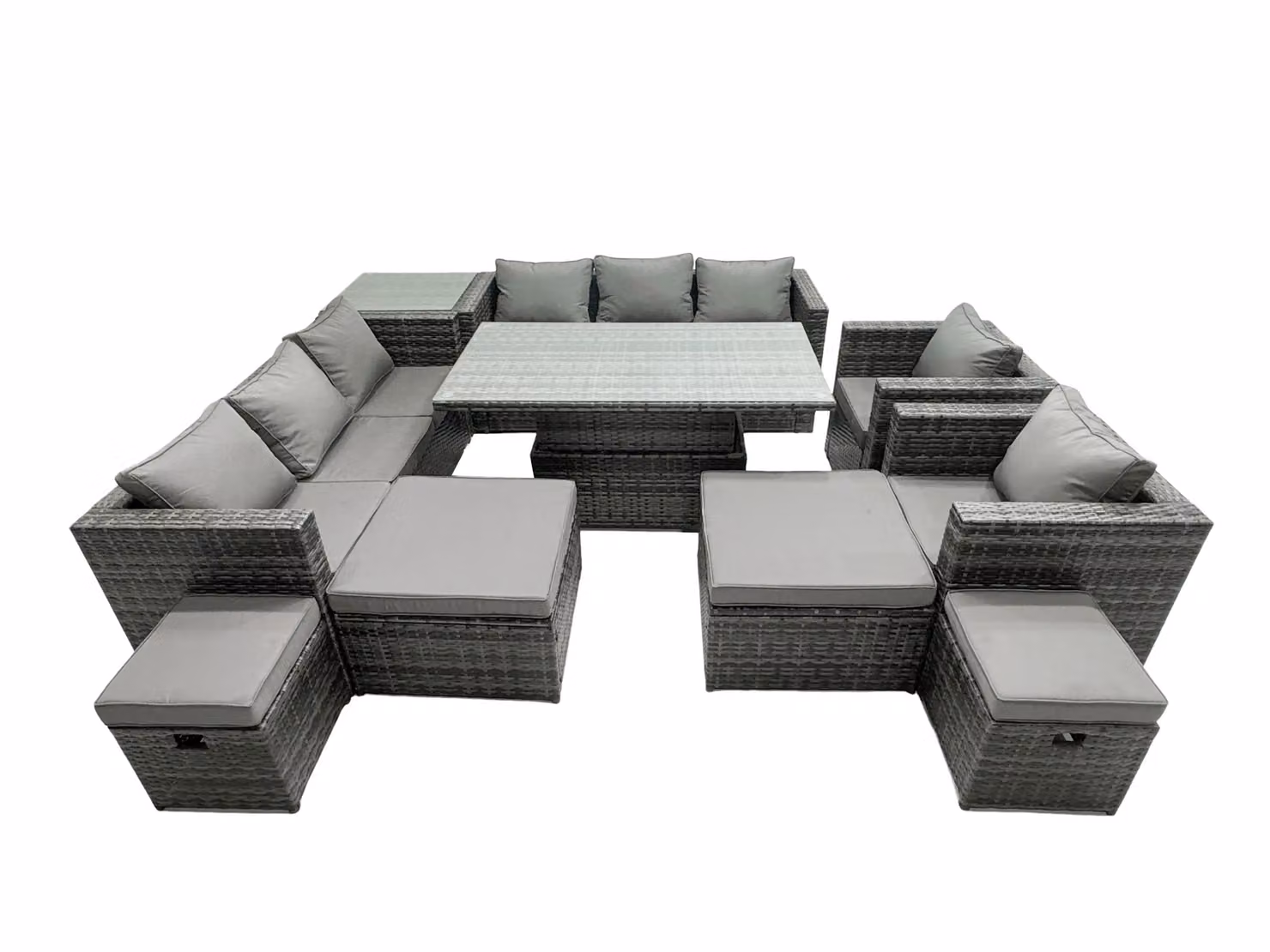 Fimous Rattan Outdoor Dining Set in Dark Grey with Sofa, Side Table and 4 Stools for 12 People – 2
