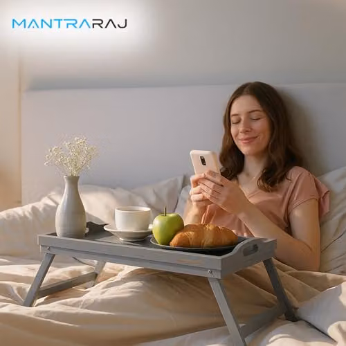 Mantraraj Bamboo Bed Tray Table Pack of 2 with Foldable Legs and Handles, Grey – 3