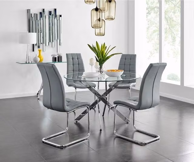 FurnitureboxUK Novara Round Glass Dining Table and 4 Murmur Chairs Set in Grey, Diameter: 120 cm