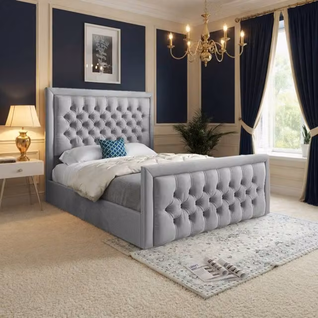 KDMD Swanscombe Modern Upholstered Grey Velvet Designer Bed Frame, W: 140 cm x D: 200 cm – 1