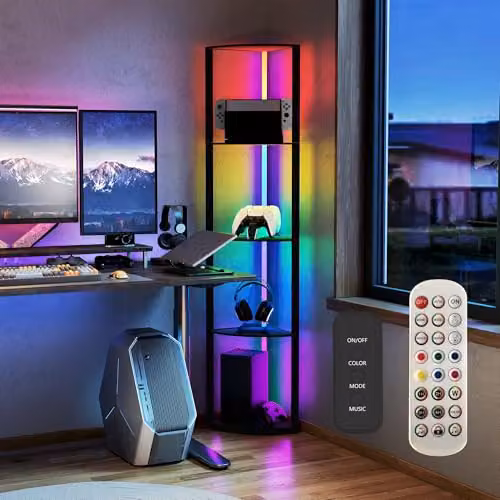 HOMCOM RGB LED Floor Lamp with 4-Tier Shelves, Black, H 163 x W 42 x D 29.5 cm – 5