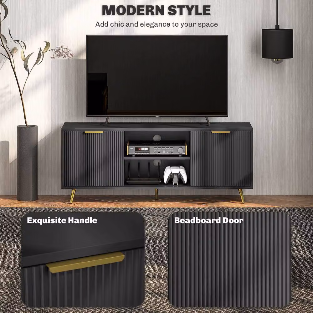 Wyld Haus Ellini Black Wood TV Stand with 2 Open Shelves and 2 Doors, Fits up to 55 inch, W: 120 cm – 5