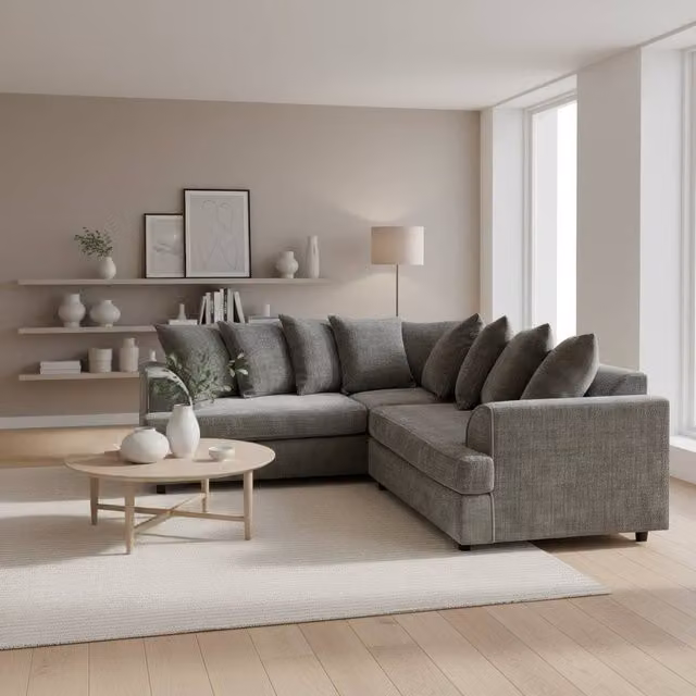 Abakus Direct Ferguson L-Shape Corner Sofa in Grey Fabric with Solid Wood Frame and Scatter Cushions – 1